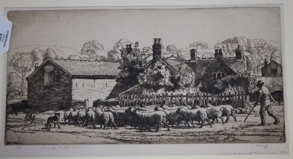Charles Frederick Tunnicliffe (1901-1979), etching, Kemp Croft Farm, signed in pencil, 9/15, 19 x 38cm, unframed